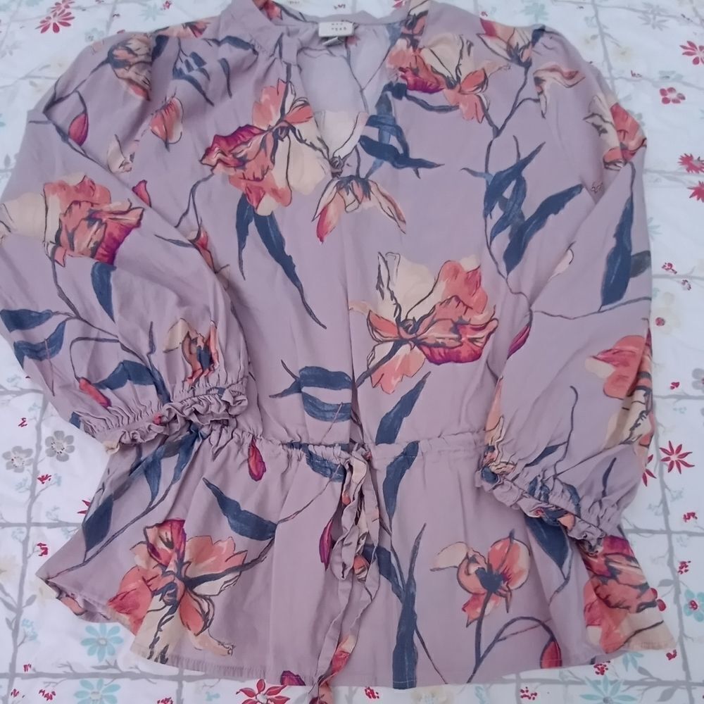 A New Day Mockneck V-neck Blouse Balloon Sleeves Purple Floral Size XXL
